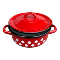 Cratita emailata 2 litri cu capac, rosie cu buline albe