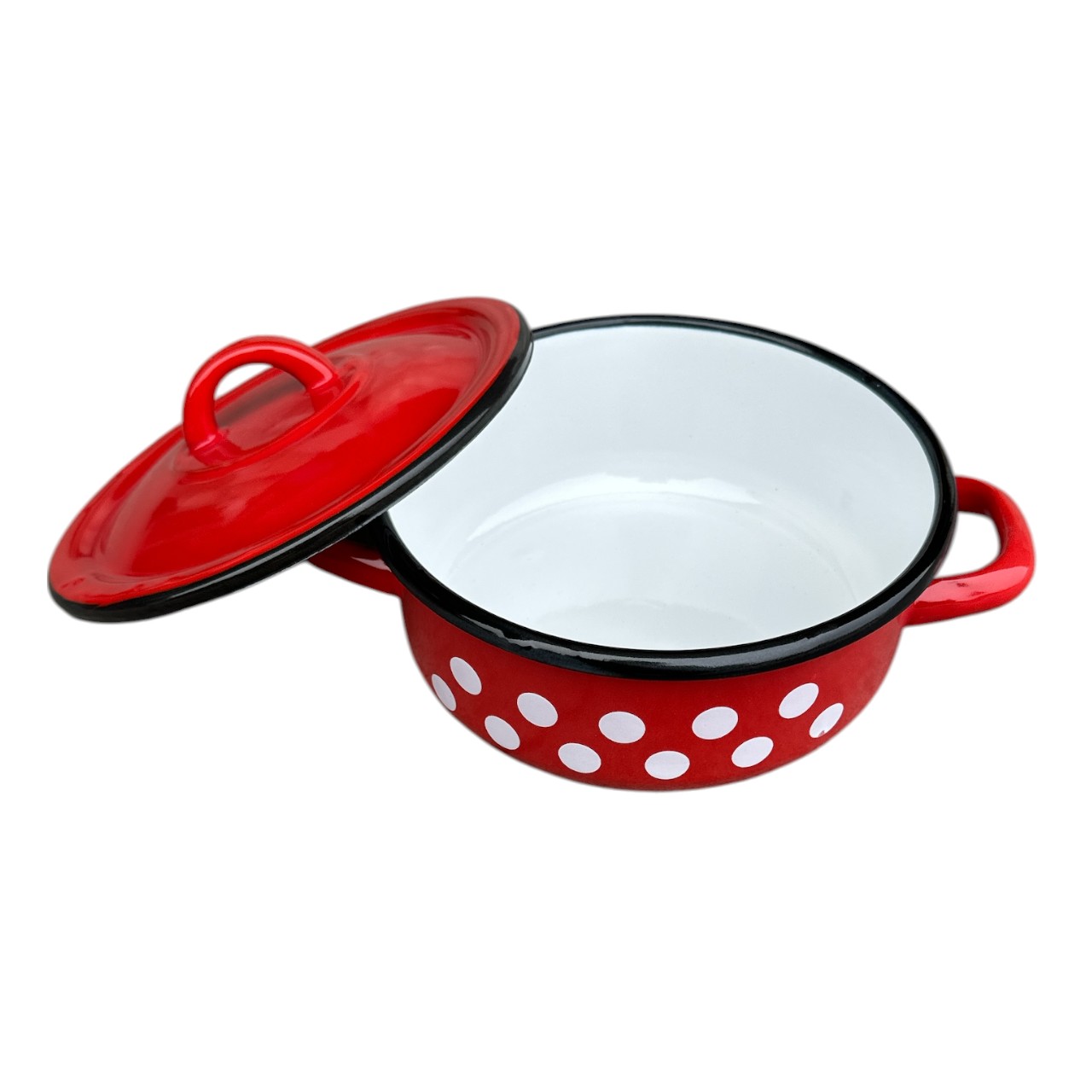 Cratita emailata 2 litri cu capac, rosie cu buline albe