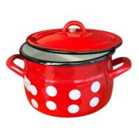 Cratita emailata 3.5 L cu capac, bombata, rosie cu buline