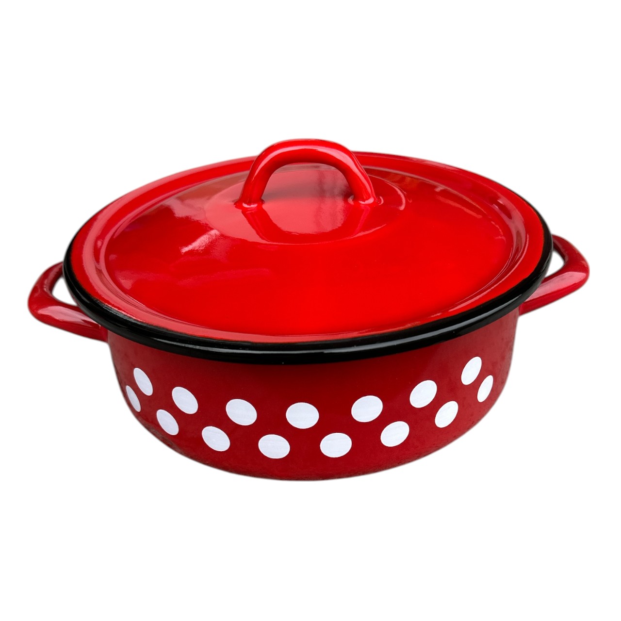 Cratita emailata 3L cu capac, rosie cu buline albe