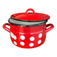 Cratita emailata 4 litri cu capac, rosie cu buline