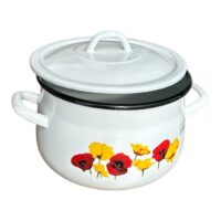 Cratita emailata 5 litri cu capac, bombata, alba cu model