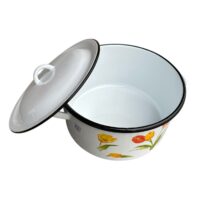 Cratita emailata 7 litri cu capac, alba, model floral