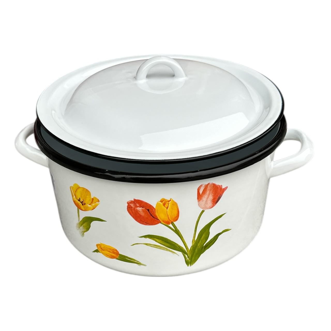 Cratita emailata 7 litri cu capac, alba, model floral