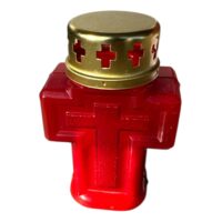 Candela plastic forma cruce mica cu capac, rosie