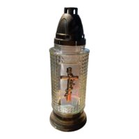 Candela sticla model cruce aurie cu capac, 956 grame