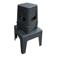 Masuta cafea plastic ratan cu 4 tabureti mici, maro