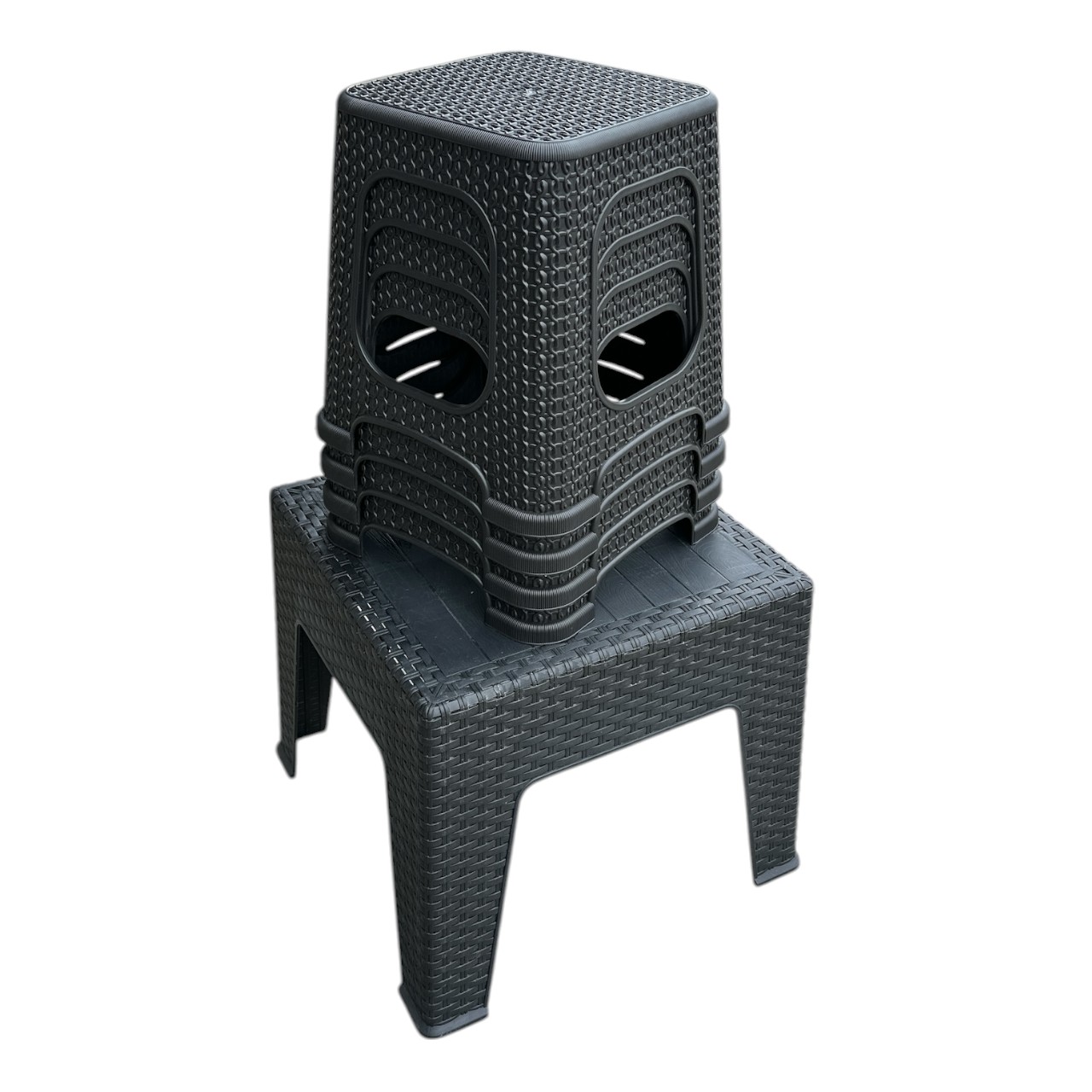 Masuta cafea plastic ratan cu 4 tabureti mici, maro - imagine 3