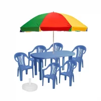 set mobilier gradina masa cu umbrela si 6 scaune albastru
