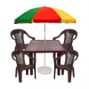 Masa plastic patrata, maro cu 4 scaune si umbrela solara