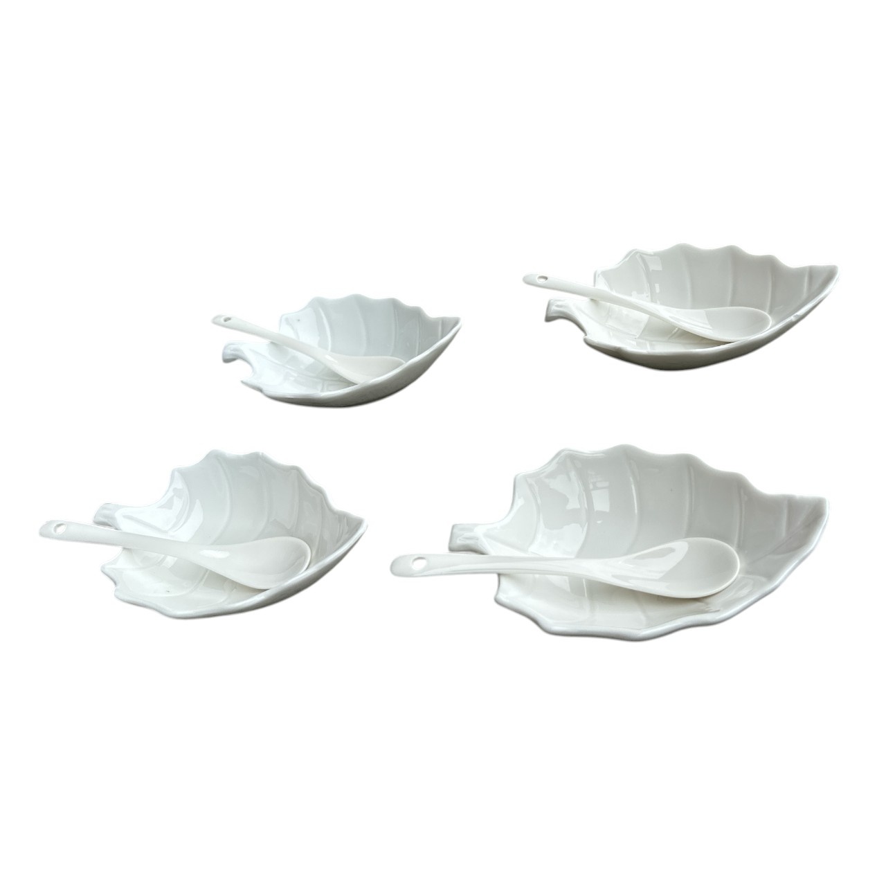 Sosiere ceramica model frunza cu lingurite, alb, 4 bucati