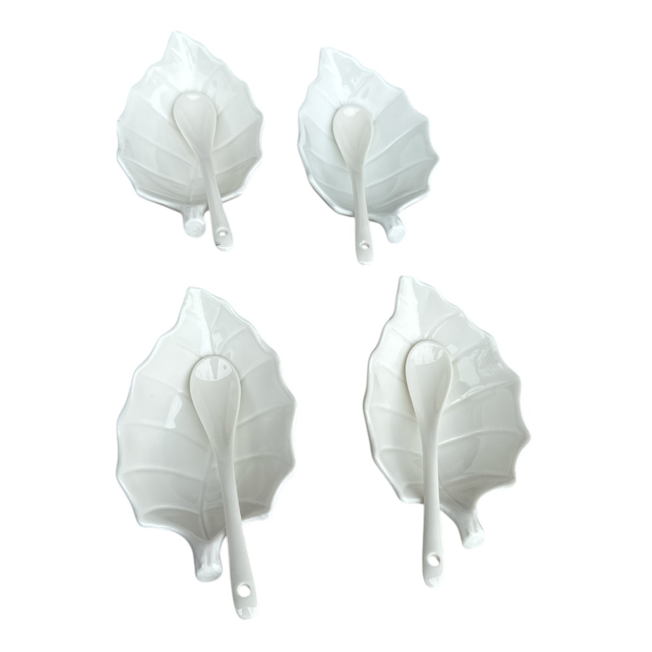 Sosiere ceramica model frunza cu lingurite, alb, 4 bucati - imagine 2