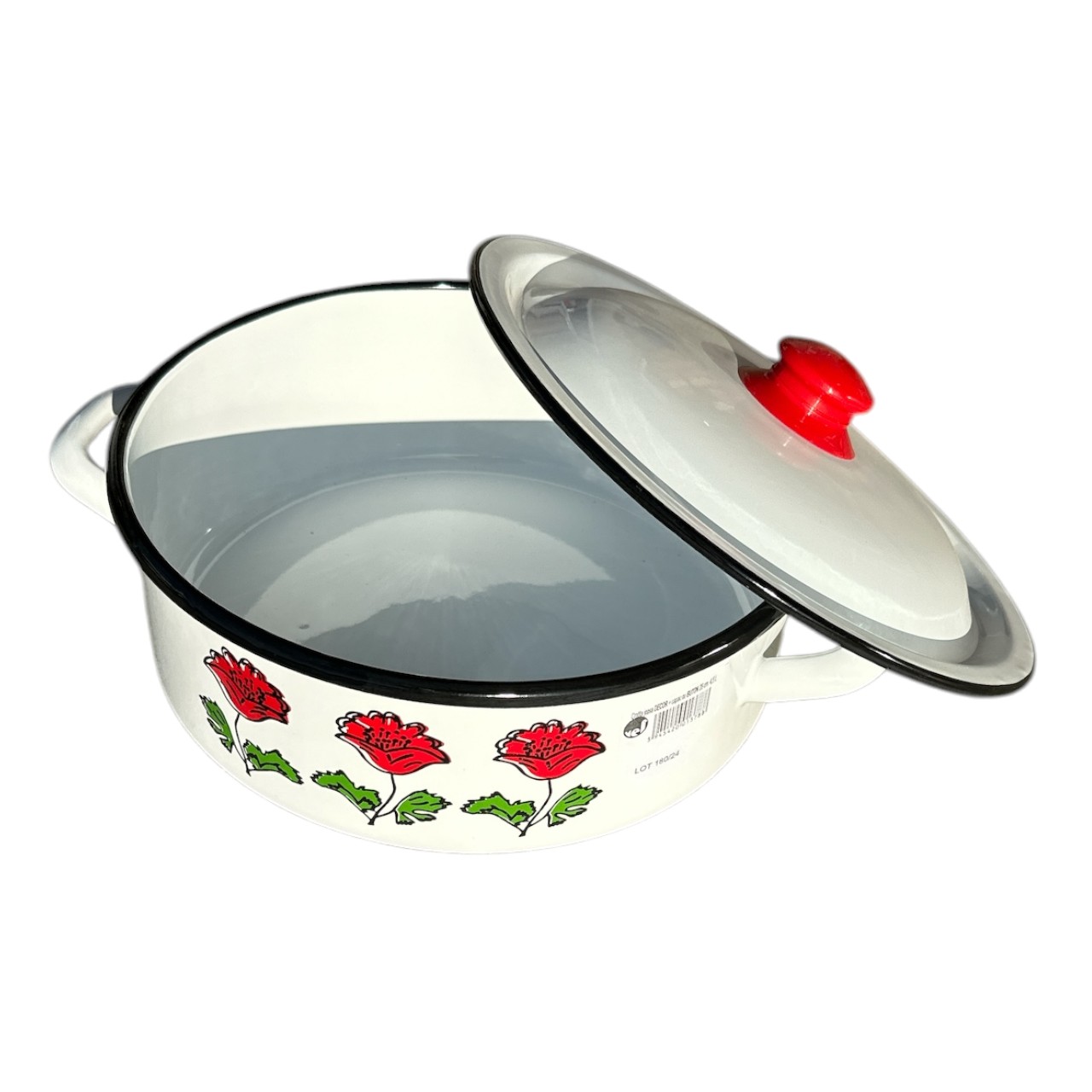 Cratita emailata 4.5 L cu capac, alba model floral