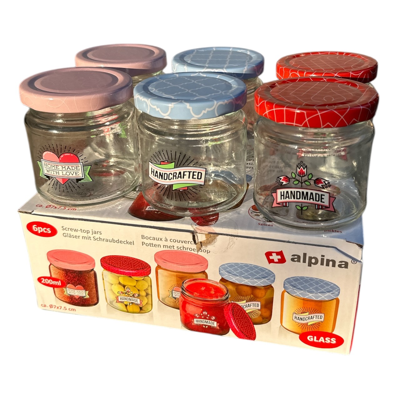 Set 6 borcane sticla cu capac, 200 ml transparente