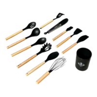 Ustensile de bucatarie din silicon cu manere din lemn in suport 12 piese