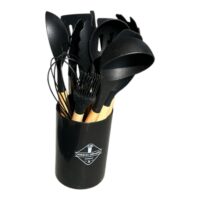 Ustensile de bucatarie din silicon cu manere din lemn in suport 12 piese