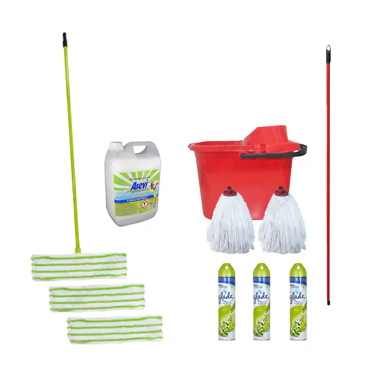 Pachet - 3 x Glade odorizant camera + 2 x Mop + 2 x Rezerva mop + Mop Plat + Coada + Galeata + Asevi pardoseli 5l