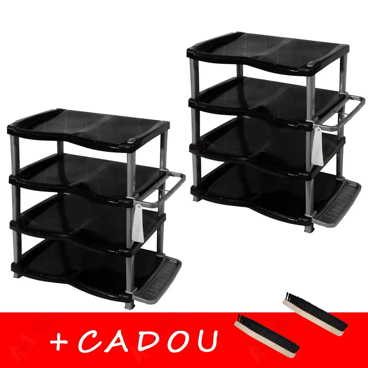 pachet 4 produse rafturi pentru pantofi cu 4 etaje din plastic si perii pantofi cadou 1