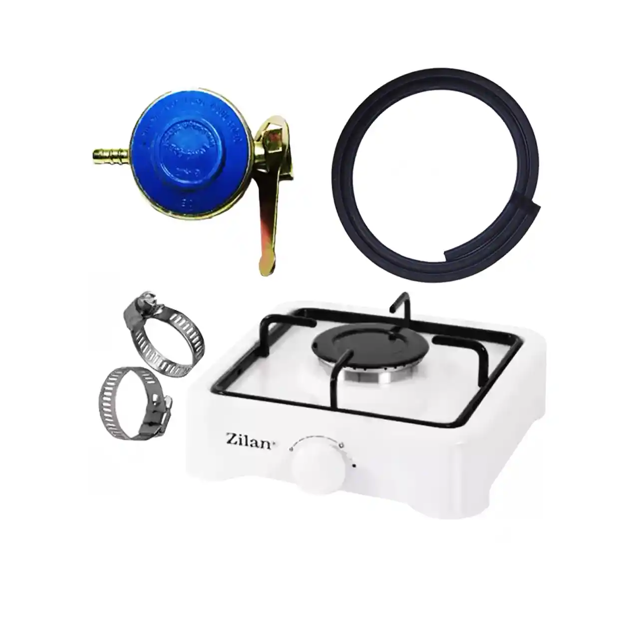 pachet 5 produse aragaz zilan 1 ochi alb 2m furtun gaz coliere si ceas butelie