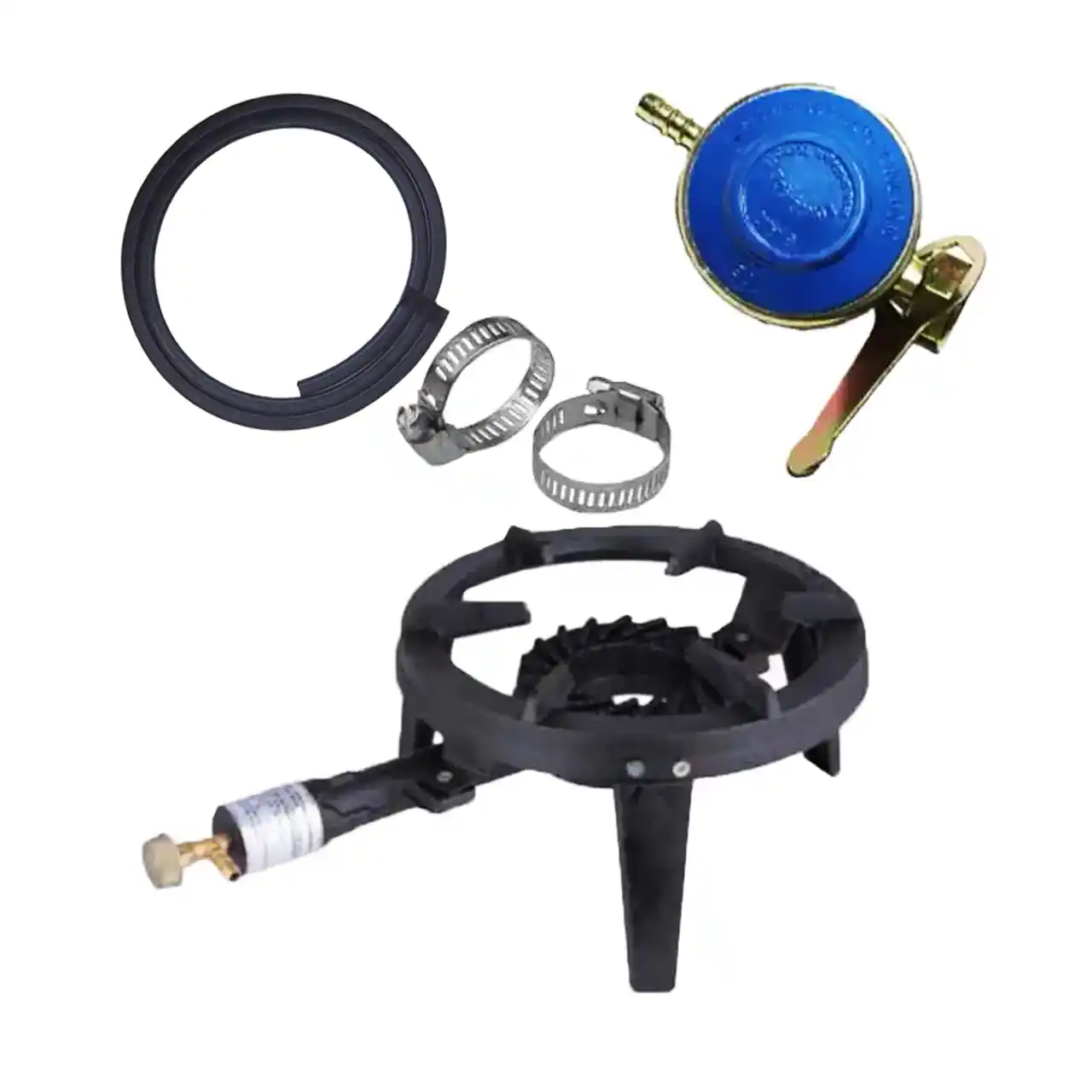 pachet arzator rotund din fonta 2m furtun butelie 2 x colier pentru furtun 1 x ceas pentru butelie