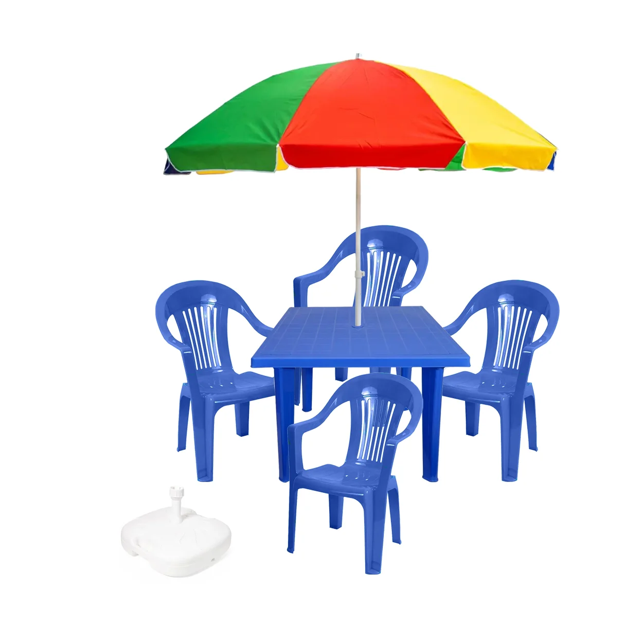 set masa patrata cu 4 scaune plastic si umbrela de soare multicolora 1