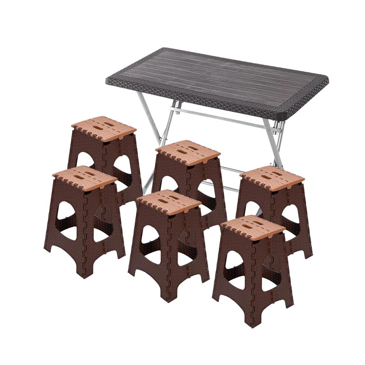 set masa plastic cu 6 tabureti pliabili ratan maro 1