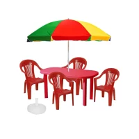 set masa plastic ovala cu 4 scaune umbrela soare rosu