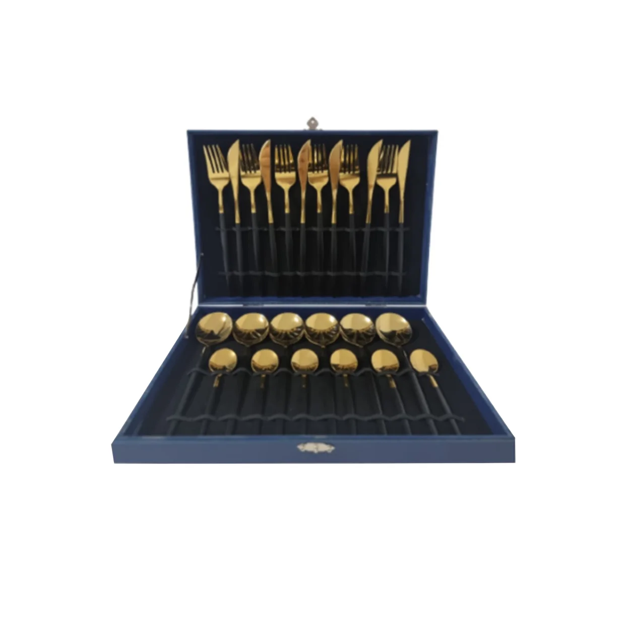 tacamuri otel inoxidabil model portughez auriu negru 24 piese 2