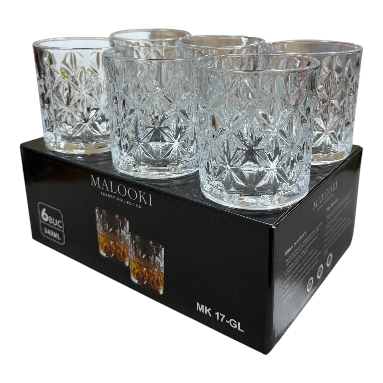Malooki Set 6 pahare whisky sticla claritate cristal, 340 ml