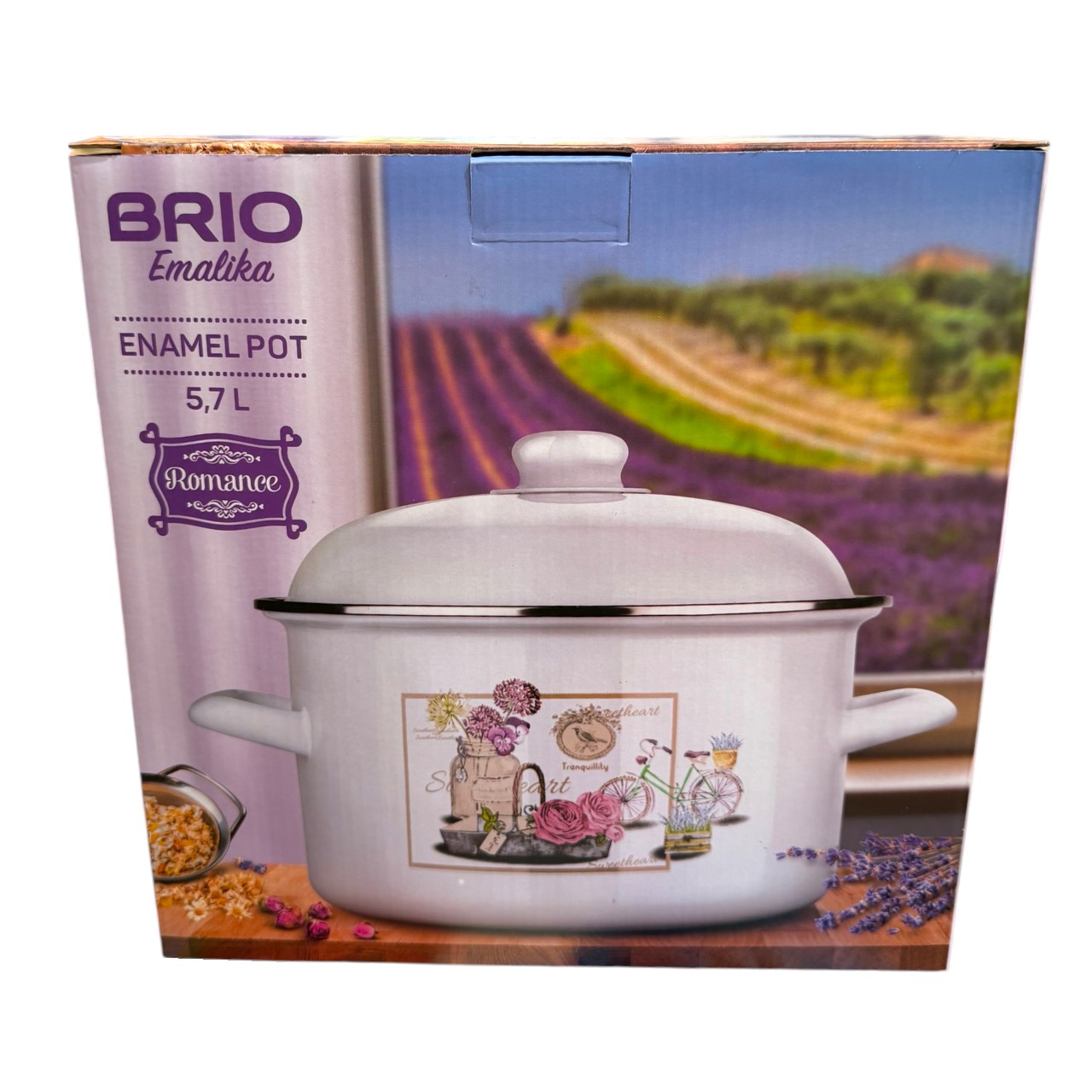 Brio Emalika Oala emailata alba dreapta cu capac si decor, 5.7 litri - imagine 3