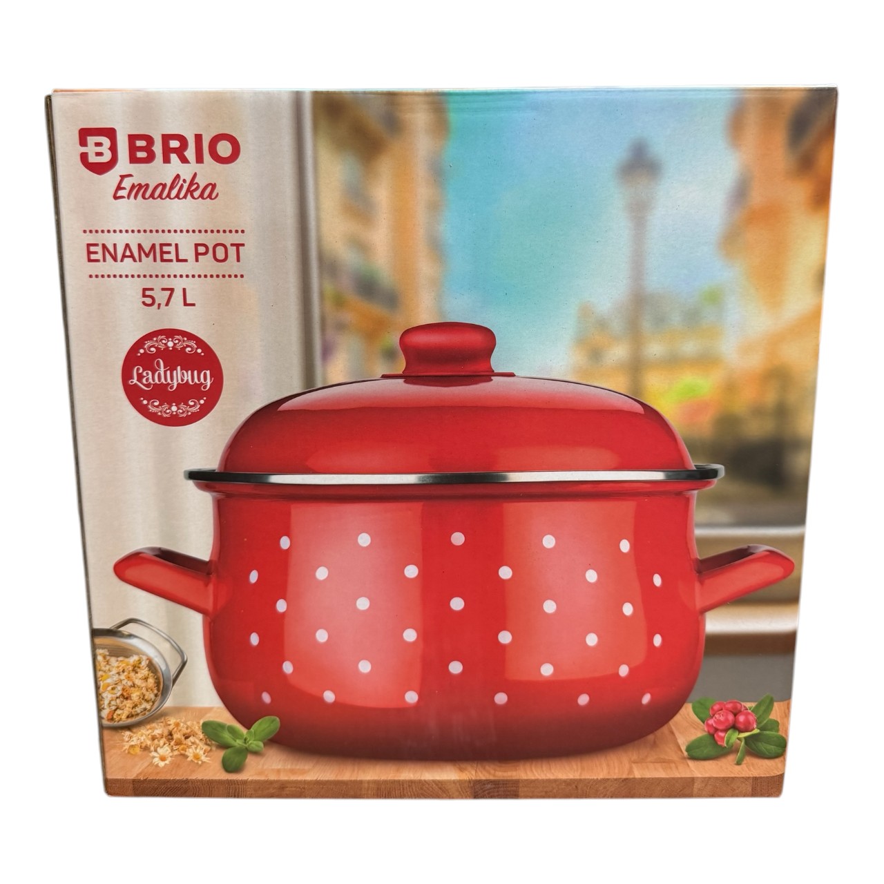 Brio Emalika Oala emailata rosie bombata cu capac si decor Buburuza, 5.7 litri - imagine 3