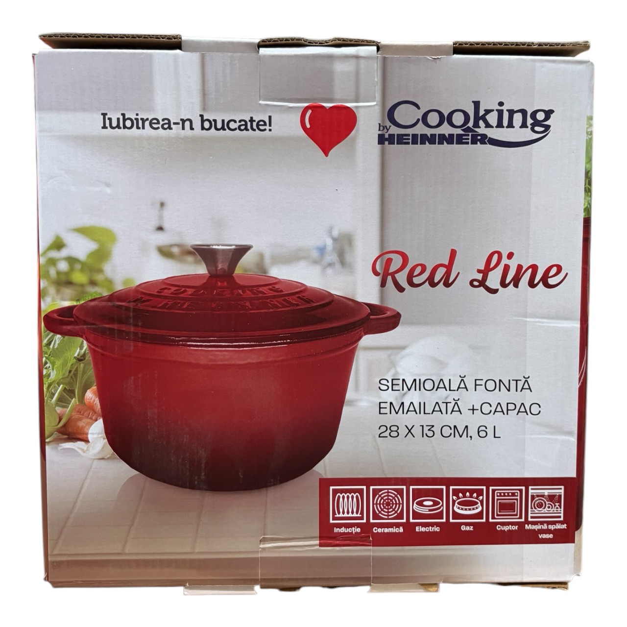 Heinner Red Line Semioala fonta emailata cu capac 28x13 cm, 6 litri - imagine 3