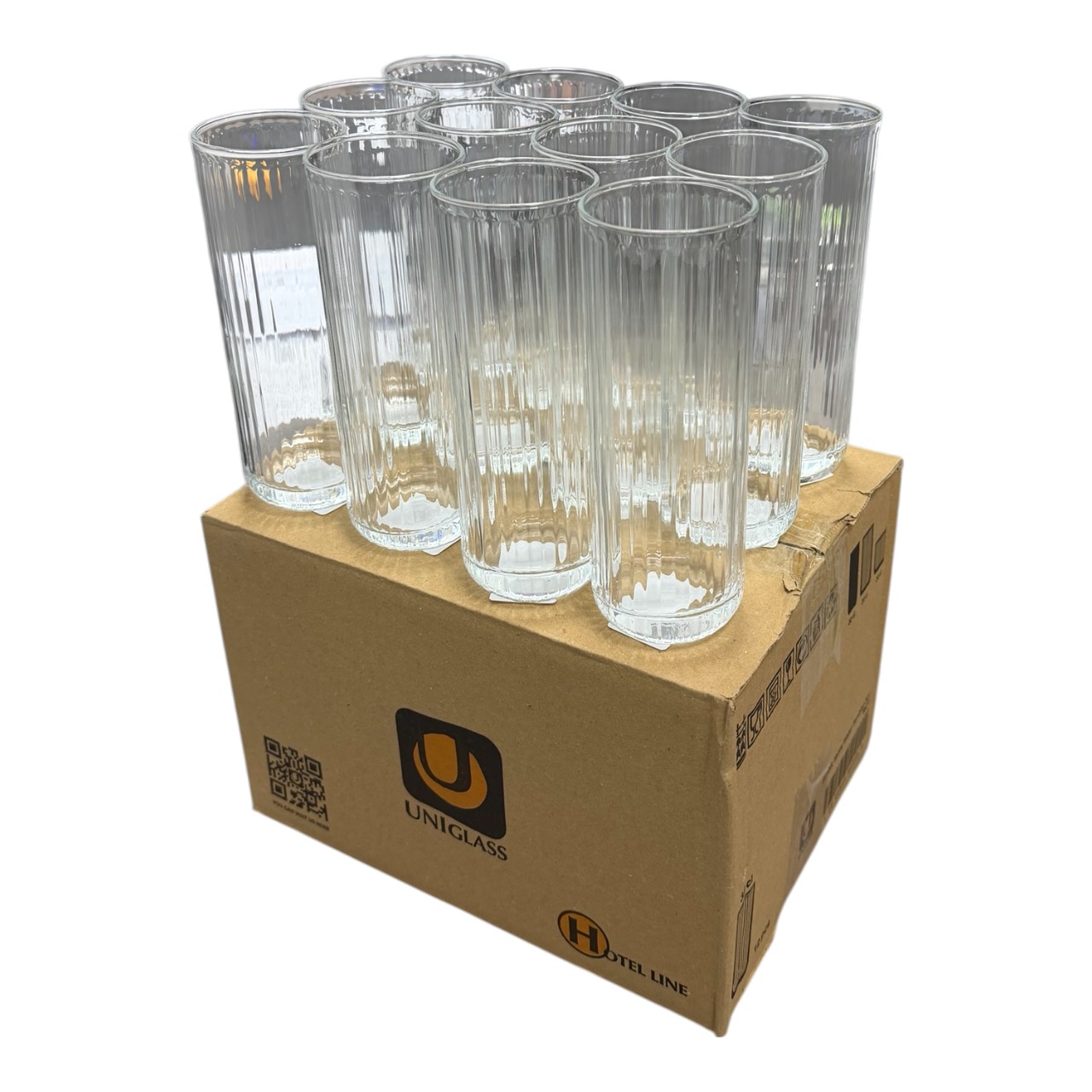 Set 12 pahare din sticla inalt cu model striat (Apa) , 320 ml