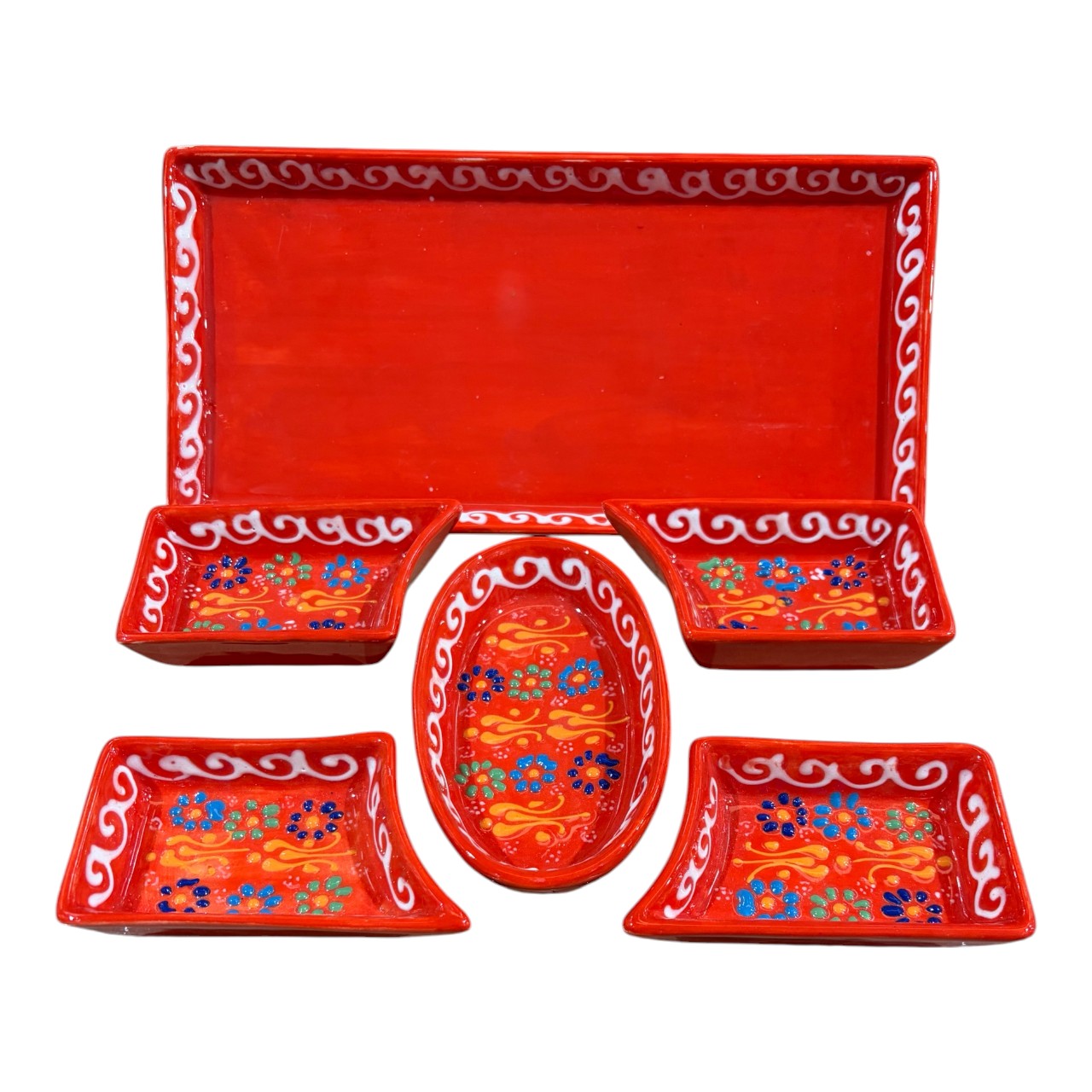 Set Platou servire aperitive ceramic 5 compartimente plus tava , Pictat manual