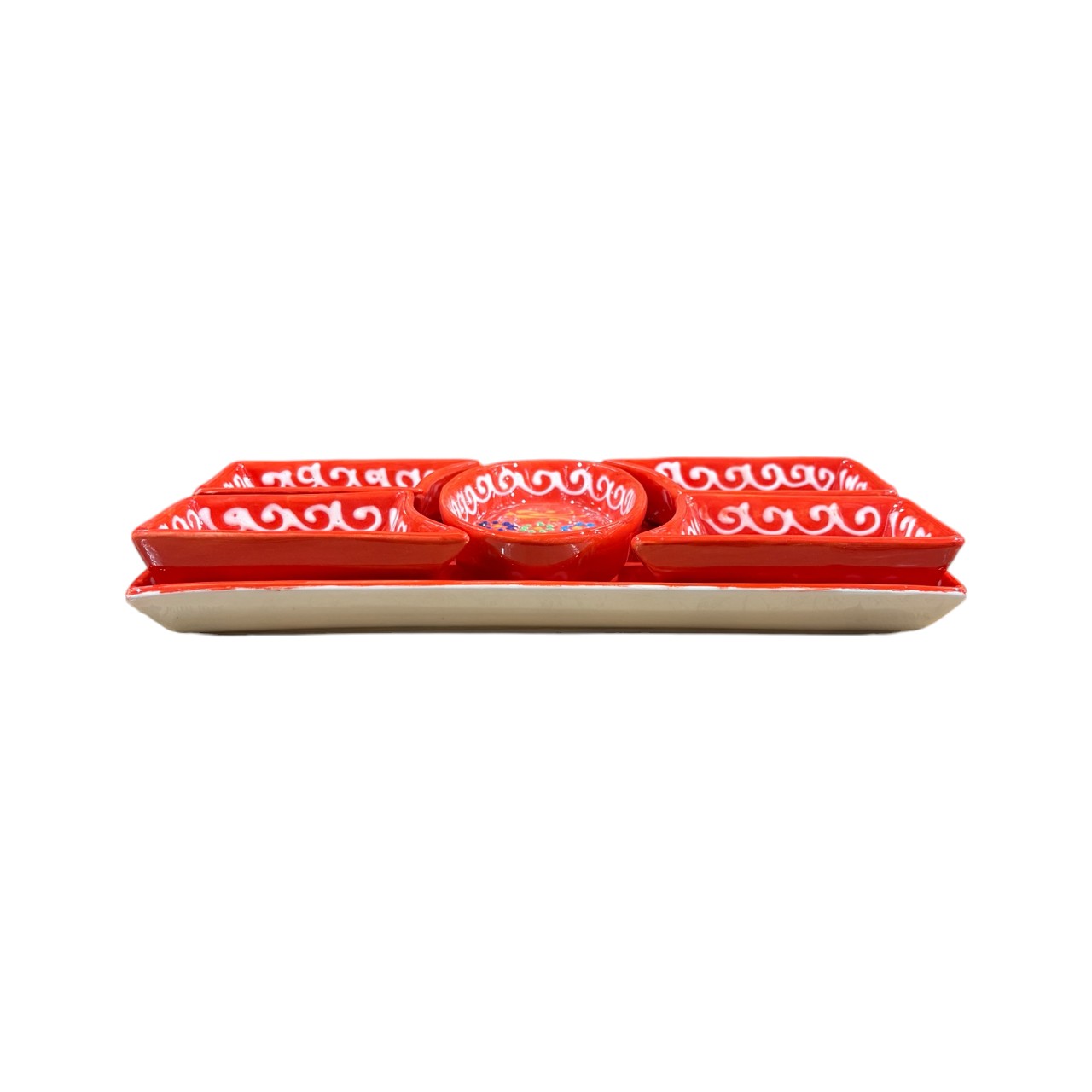 Set Platou servire aperitive ceramic 5 compartimente plus tava , Pictat manual - imagine 3